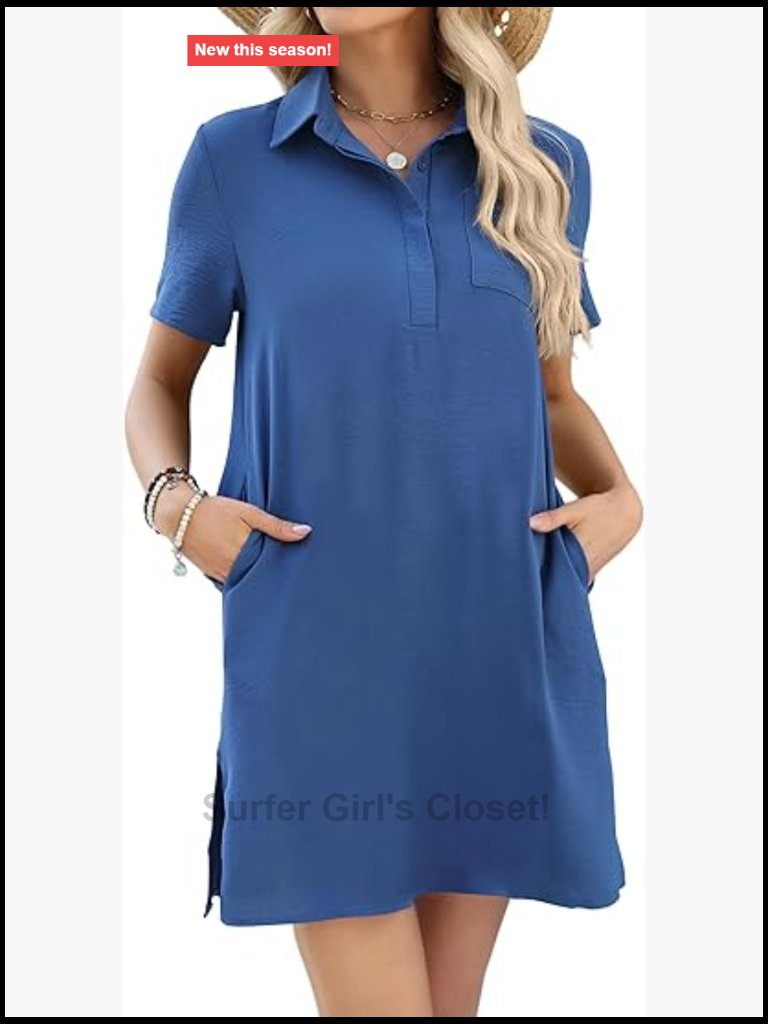 Short Sleeve Button Down Swing Mini Dress With Pockets